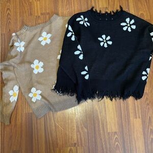 Floral Patterned Black and Tan Boutique Sweaters